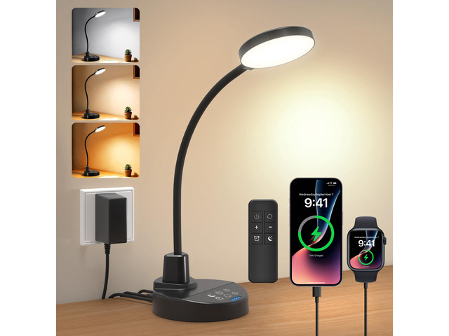 15W LED Desk Lamp with USB Charging Ports, [Button & Remote Control] Dimmable Table Lamp with 3 Color Modes, 5 Brightness Levels, 4 Timers,...