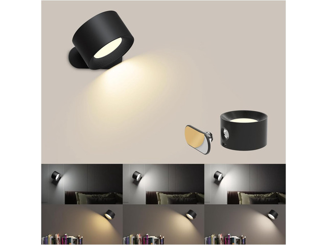Battery Operated Wall Sconce, LED Reading Light, 360-Degree Rotation Magnetic Mounting Rechargeable Cordless Wall Lights with Dimmable 3 Color...