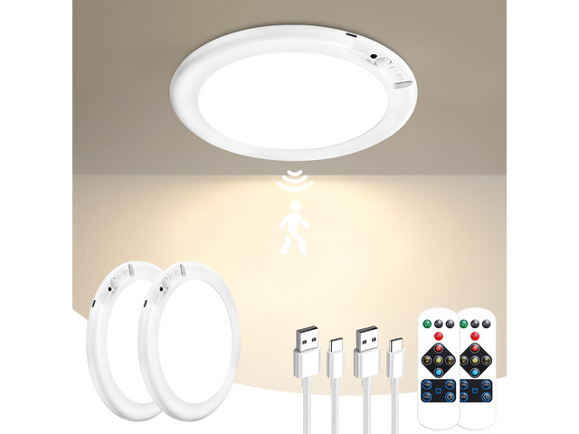 2 Pack Rechargeable Motion Sensor Ceiling Light with Remote - Magnetic Wireless Ceiling Light Battery Powered for Closet Shower Stairs Shed Hallway...