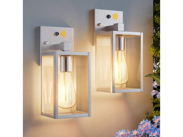 2 Pack Silver Dusk to Dawn Exterior Lighting Fixtures Wall Mount, Sensor Outside Front Porch Lights for House, Outdoor Lantern Lamp, Waterproof...