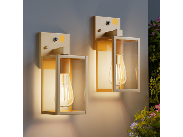2 Pack Gold Dusk to Dawn Outdoor Front Porch Light Fixtures Wall Mount, Sensor Exterior Lantern Lamp, Outside Lights for House, Waterproof Wall...