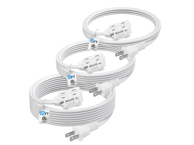 3-Outlet Indoor Extension Cord, 6/9/12 ft Variety 3-Pack, 16/2 SPT-2, 2 Prong Polarized Plug, White Household Power Cord for Home, Office & Holiday...