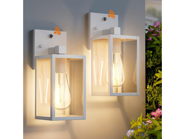 2 Pack White Dusk to Dawn Front Porch Lighting Fixtures Wall Mount, Sensor Outside Exterior Lights for House, Outdoor Lantern Lamp, Waterproof Wall...