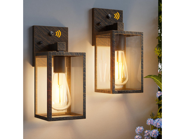 2 Pack Black Brush Gold Dusk to Dawn Exterior Lighting Fixtures Wall Mount, Sensor Outside Front Porch Lights for House, Outdoor Lantern Lamp, Wall...