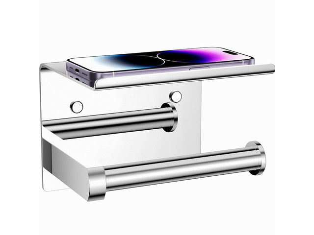 Toilet Paper Holder with Phone Shelf, Adhesive or Screw Wall Mount Toilet Tissue Roll Holder, Rustproof & Multifunctional Stainless Steel Bathroom...