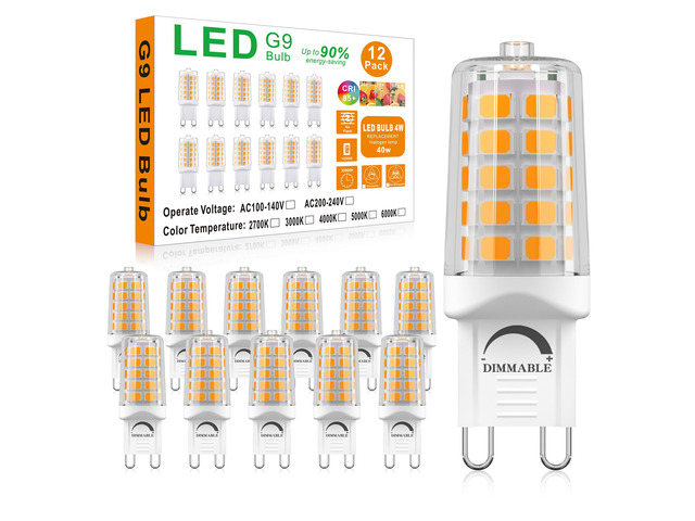 Dimmable G9 LED Bulb 4W T4 2700K Soft Warm White 12Pack 120V 40W Halogen Equivalent T4 No Flicker, 450LM, Ceramic Base Perfect for Chandelier,...