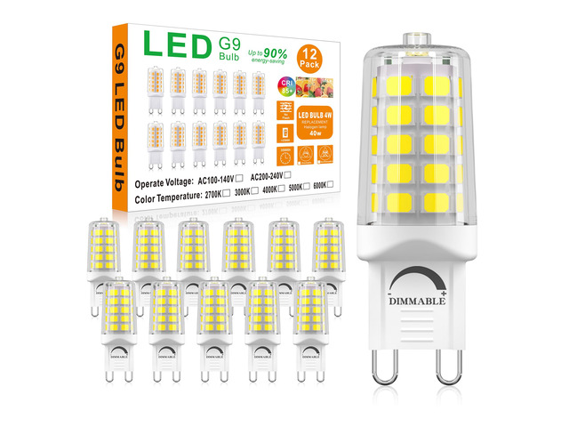 G9 LED Bulb Dimmable 4W 5000K Daylight White, 12 Pack T4 G9 Bi-pin Base Halogen Replacement 120V No Flicker 450LM, Ceramic Base - Great for...