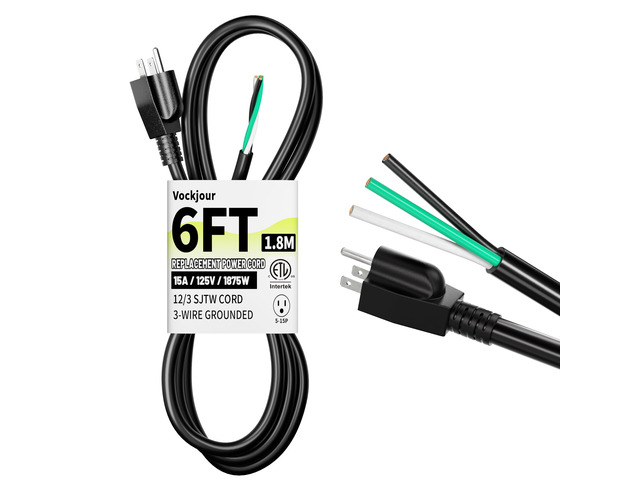 6 ft 12/3 Pigtail Replacement Power Tool Cord, NEMA 5-15P Black 12 AWG 3 Prong Appliance and Power Tool Cord, Open End, Flexible SJTW, 125V AC...