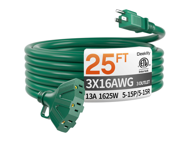 25FT 16 Gauge Green Outdoor Extension Cord with Multiple Outlets 3 Outlet 25 Feet Green Extension Cord for Christmas light, Flexible Waterproof...
