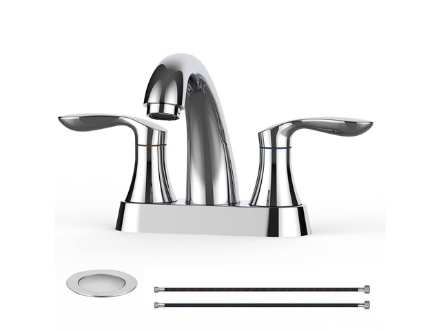 Bathroom Faucet, 4 Inch Bathroom Faucets for Sink 3 Hole, Centerset Bathroom Sink Faucet with Plastic Pop-Up Drain and cUPC Lead-Free Hose(Chrome)