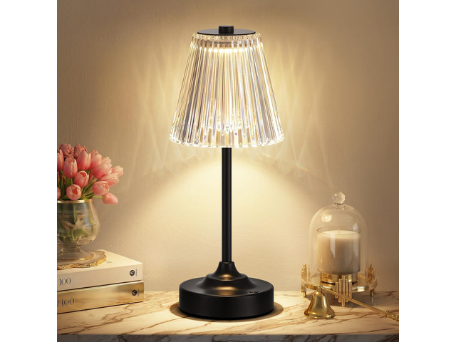 Black Cordless Rechargeable Table Lamp, Touch Battery Powered Lamp, 3 Color Modes, Crystal Acrylic Lampshade, Portable Ambient Night Light for...