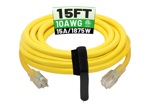 15 Ft 10AWG Outdoor Extension Cord, Yellow Waterproof Heavy Duty, 10 Gauge 3 Prong, Flexible Cold-Resistant, Indoor & Outside with Lighted...