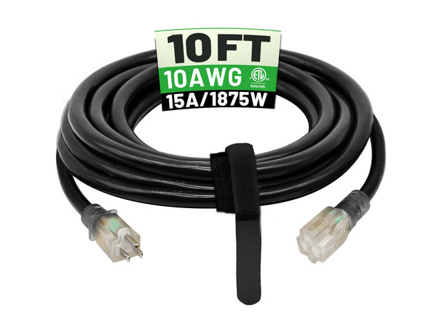 10 Ft 10AWG Outdoor Extension Cord Waterproof Heavy Duty, Black 10 Gauge 3 Prong, Flexible Cold-Resistant Power Cord Indoor & Outside with Lighted...
