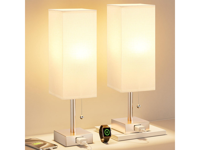 Bedside Lamp for Bedroom Set of 2 - Gold Table Lamp for Nightstand AC Outlet, 3 Color Temperatures, LED Bulb Included, Pull Chain Design, 14'...