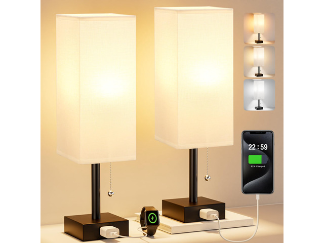 White Bedside Lamps for Bedroom Set of 2 - Small Rectangular Nightstand Lamp with AC Outlet Charging Port, 3 Color Temperatures Desk Light with...