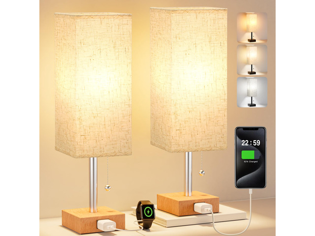 Bedside Lamp for Bedroom Set of 2 - Small Table Lamp for Nightstand AC Outlet, 3 Color Temperatures, LED Bulb Included, Pull Chain Design, 14'...