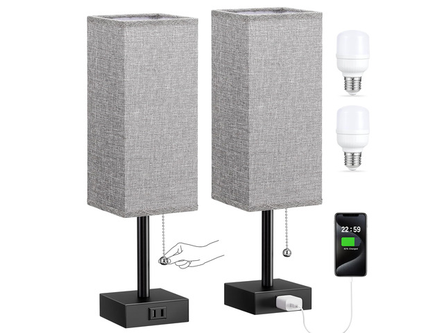 Bedside Lamp for Bedroom Set of 2 - Grey Table Lamp for Nightstand AC Outlet, 3 Color Temperatures, LED Bulb Included, Pull Chain Design, 14'...
