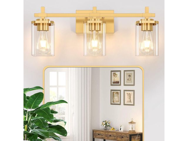 3-Lights Gold Bathroom Light Fixtures, Bathroom Vanity Light Over Mirror, Brushed Gold Wall Lights with Glass Shades, Indoor Wall Mounted Lamp for...
