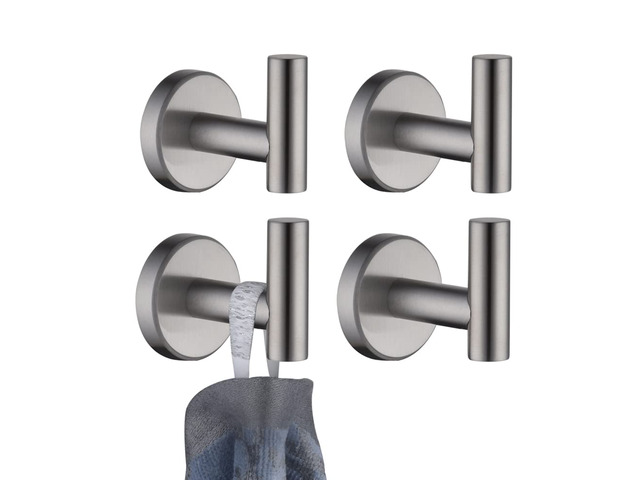 Bathroom Towel Hook, Coat Robe Clothes Bath Wall Hooks for Kitchen Garage SUS 304 Stainless Steel Thick 0.8mm, 4 Pack Brushed Finish, TH100-BN-P4