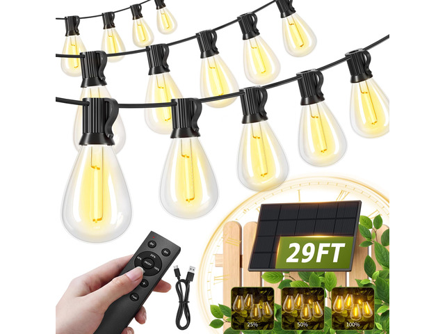30FT Solar String Lights Waterproof, 10+1 LED Shatterproof Bulbs Solar Powered with Remote & USB Port, 3 Modes Dimmable Outdoor Lights for Patio,...