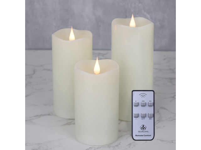 Flickering Flameless Candles with 3D Moving Flame Set of 3(H 5' 6' 7' x D 3'), Last 1000+ Hours Battery Operated Candles with Remote Timer, Ivory...