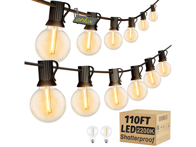 Outdoor String Lights,110FT Dimmable Patio Lights with 52 Shatterproof 2200K LED G40 Bulbs(2 Spare),Waterproof Hanging Lights String for Outside...