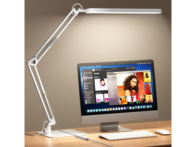 LED Desk Lamp with Slim Base - Adjustable Swing Arm Desk Light, Dimmable, Timer, Eye Protection, Memory Function, 1300LM, 12W, White