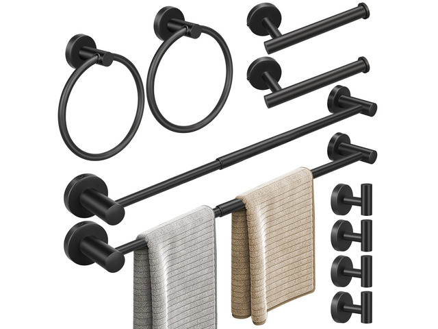 10pcs Matte Black Retractable Bathroom Hardware Set, Including 24in Retractable Hand Bar, Toilet Paper Holders, Towel Rings, Multifunctional Robe...