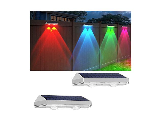 2 Pack Solar Fence Lights Outdoor, 2PK Solar Outdoor Light Warm White & RGB Solar Powered Lights for Outside Backyard, Patio, Deck Fence, Stair...
