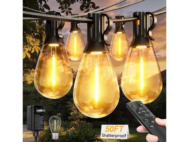 50FT Outdoor String Lights with Remote, LED Patio Lights with 18+1 Waterproof S11 Bulbs, Outside Dimmable 2700K Warm White, Timer & 3 Modes,for...