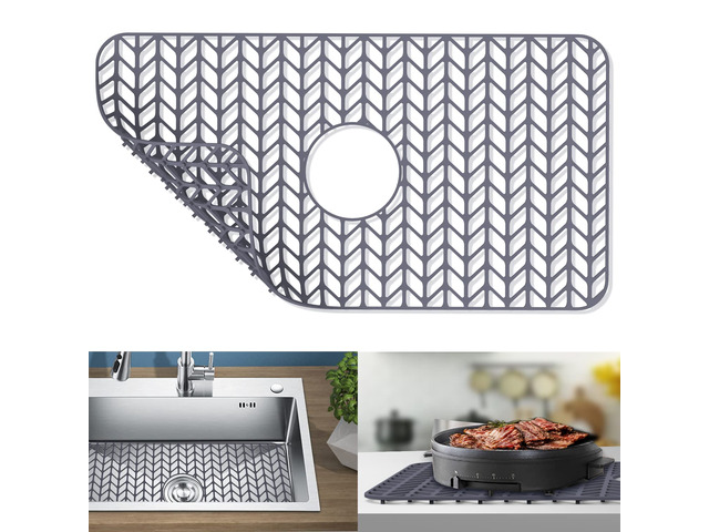 Silicone Protectors for Kitchen Sink, 26''x 14'' Sink Mat Grid for Bottom of Farmhouse Stainless Steel Porcelain with Center Drain (Grey)