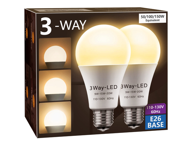 3 Way LED Light Bulbs 50 100 150W Equivalent A21 Soft White 3000K 3 Way Light Bulbs Three Way E26 Medium Base 800lm-1400lm-2000lm, 2 Pack