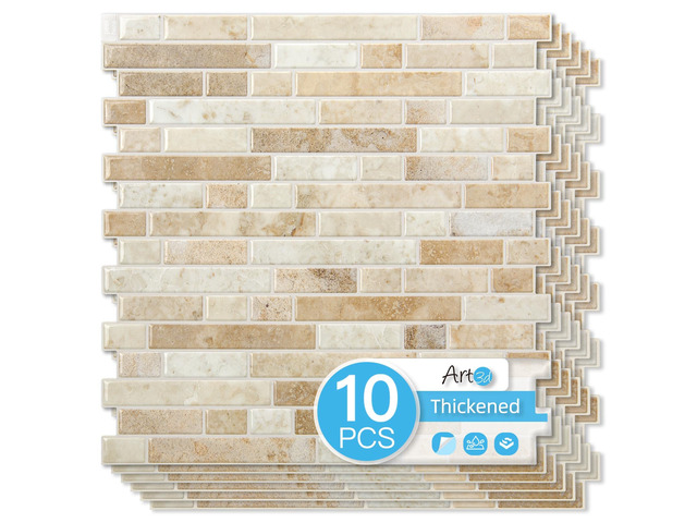 Linear Tile Peel and Stick Backsplash, 10-Pack, Eurasian Mocha Stone 12 x 12 Inch, Enhanced Thickness, Warp Resistant, Strong Adhesion, Sturdy, for...