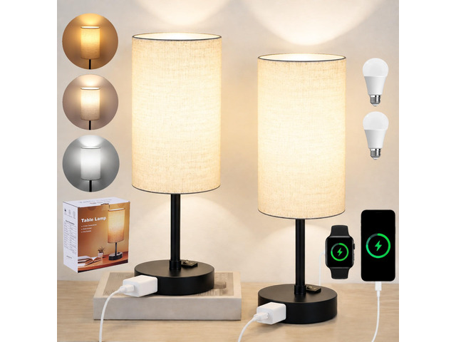 Table Lamp Set of 2, 13.8' Bedside Small Lamp for Bedroom Nightstand E26 Bulbs,AC Outlet,3 Way Dimmable,Rocker Switch,Desk Lamp Flaxen Fabric Shade...