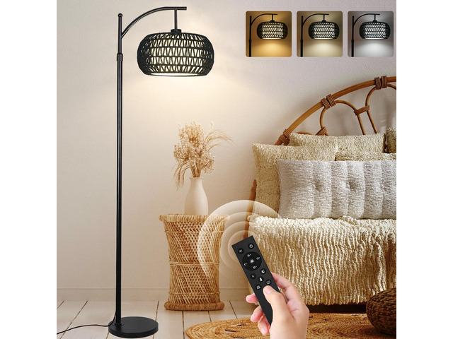 Arc Floor Lamp with 3 Color Temperatures,Black Floor Lamp with Remote Control, Boho Standing Lamp with Rattan Wicker Shades, Farmhouse Tall Pole...