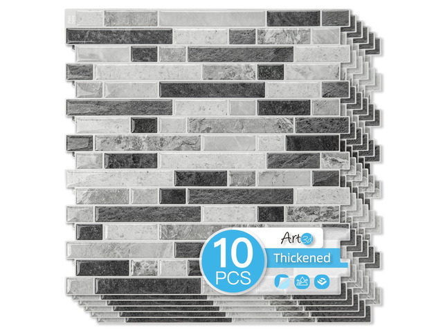 Linear Tile Peel and Stick Backsplash, 10-Sheet, Multi-Tone Gray 12 x 12 Inch, Enhanced Thickness, Warp Resistant, Strong Adhesion, Sturdy, for...