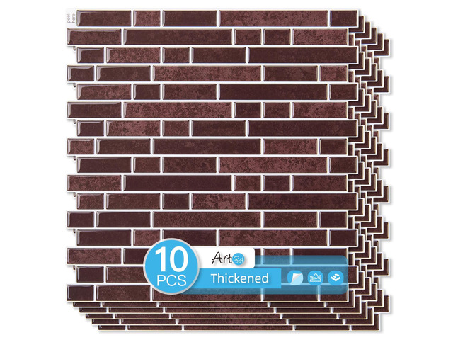 Linear Tile Peel and Stick Backsplash, 10-Pack, Dark Burgundy 12 x 12 Inch, Enhanced Thickness, Warp Resistant, Strong Adhesion, Sturdy, for...