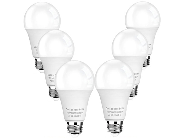 6-Pack Dusk to Dawn LED Outdoor Light Bulb, 10W 5000K Daylight 1100LM, Auto On/Off Light Sensor, E26 Base - Weatherproof for Porch, Yard & Garage