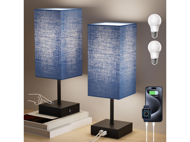 Touch Bedside Table Lamp for Bedroom, 14-Inch, Navy Blue Set of 2 USB A+C Ports, Touch 3-Way Dimmable LED Bulb Included Fabric Lampshade Metal Base...