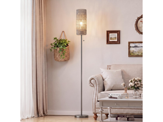 64' Floor Lamp with Bulb & Rattan Shade & Chain Switch, Grey 3 Color Temperature,9W LED bulb,Boho Floor Lamp,Tall Pole Lamps,Living...