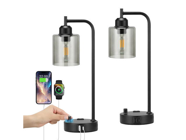 Industrial Desk Lamps for Office Set of 2 - Fully Dimmable Bedside Lamps with USB A C Ports and Outlet, Black Nightstand Lamps with Grey Glass...
