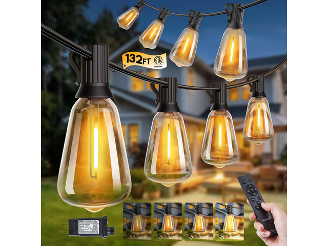 132FT Outdoor String Lights with Remote, ST38 Patio Lights Dimmable Waterproof LED Outdoor Lights with 3 Modes, Shatterproof Connectable Hanging...