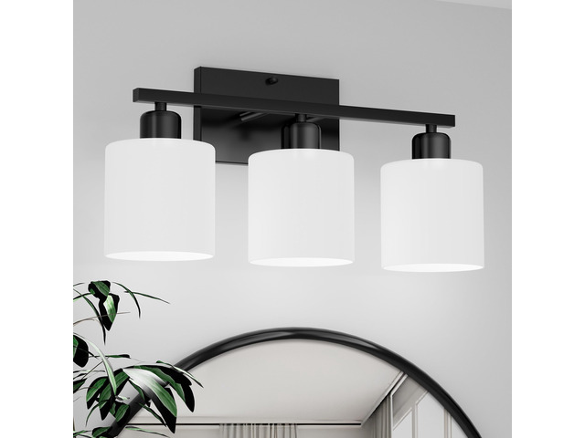 Black Bathroom Light Fixtures Over Mirror 18 Inches Rustproof 3-Light Vanity Lights Over Mirror, E26 Standard Socket, Milky White Glass Shades,...