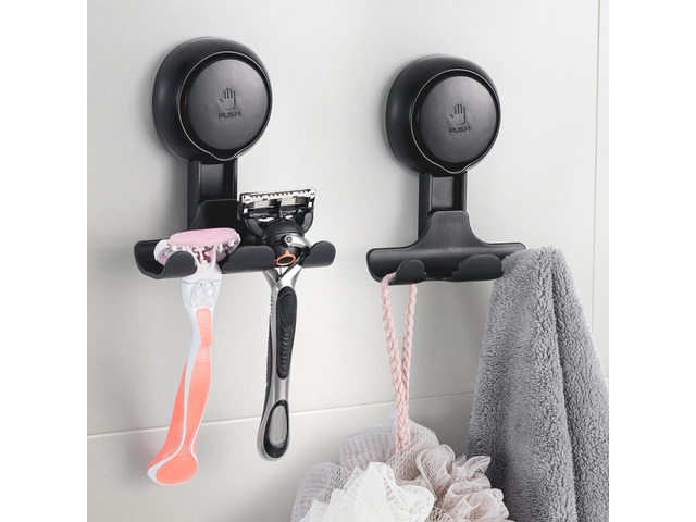 Razor Holder for Shower 2 Pack, Powerful Suction Cup Hooks, Black No Drill, Powerful Suction Up to 11 lbs, Shower Hook for Bathroom Wall Glass...