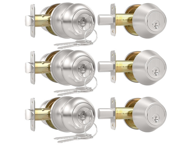 Exterior Door Knob with Lock, 3 Pack Keyed Entry Front Door Lock Set Keyed Alike Front Door Knob with Single Cylinder Deadbolt Lock, Brushed Nickel...