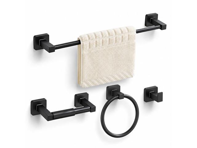 Matte Black Bathroom Hardware Set 4 Pieces,Towel Bar Set Stainless Steel Wall Mounted, Includes 16In Hand Towel Bar, Towel Ring, Robe Towel...