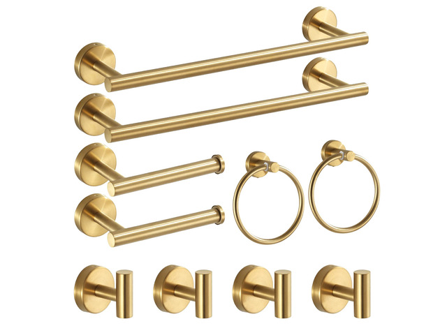Bathroom Hardware Set Brushed Gold, 10pcs Towel Bar Set Including 2pcs16 inch Towel Bars, Toilet Paper Holders, Towel Rings and 4pcs Robe Towel Hooks