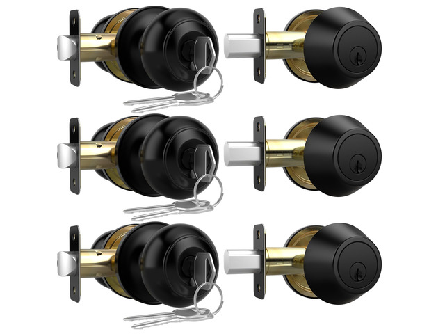 Exterior Door Knob with Lock and Key, 3 Pack Front Door Lock Set Keyed Alike Reversible Door Knob with Lock, Matte Black Single Cylinder Deadbolt...