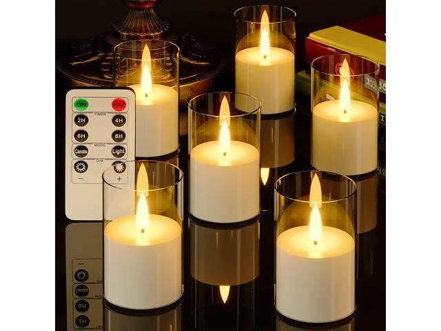 6Pack Flickering Flameless LED Candles with Remote & Timer, Battery Powered - Small Pillar & Votive, Clear (2'X3')