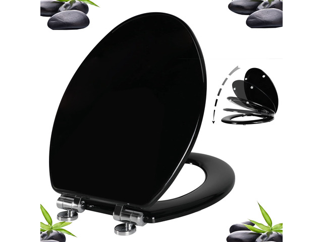 Toilet Seat with Zinc Alloy Hinges Quiet-Close Quick-Release Wood Molded UV Lid Easy Clean(Elongated,Black)